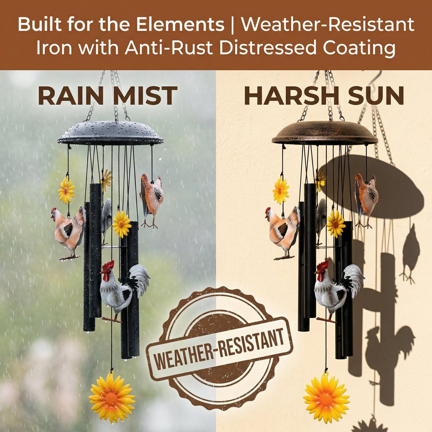 🌻🌻Vintage Metal Chicken Wind Chime with Sunflower🐔
