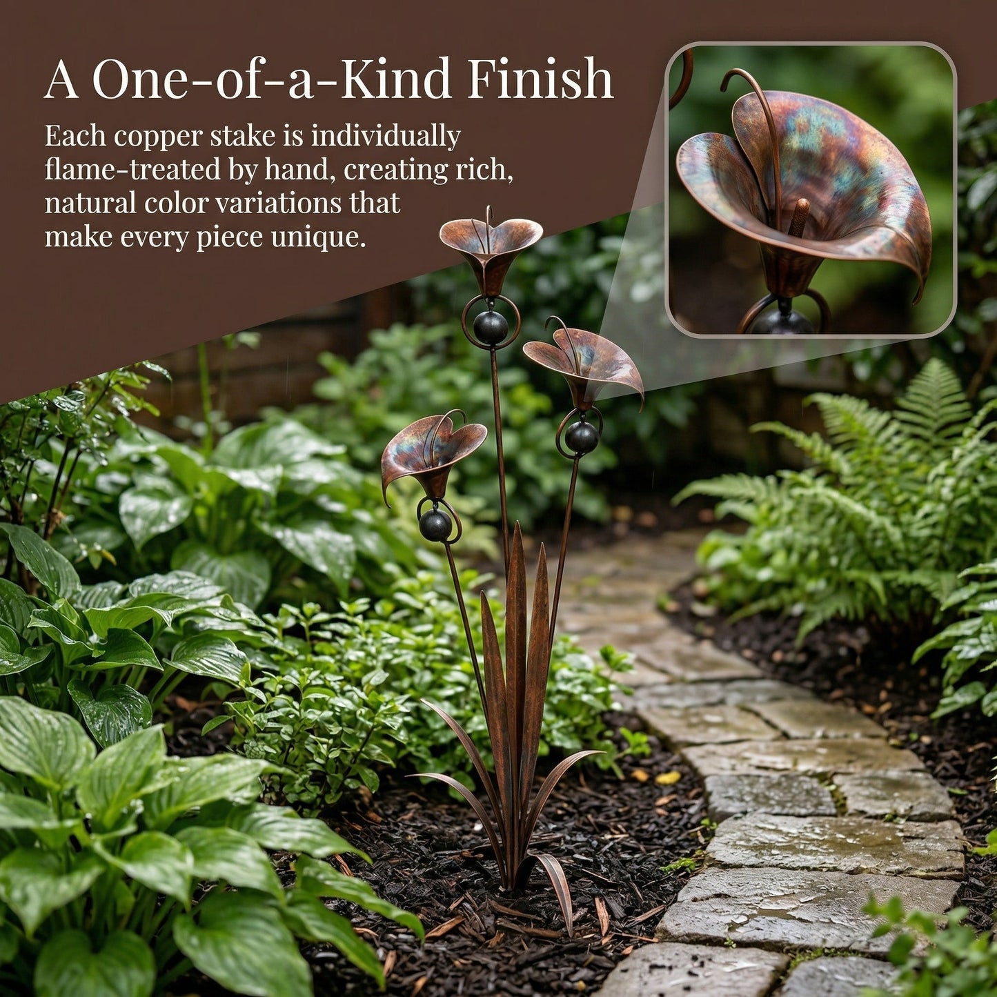 🏡🏡Flamed Copper Three Calla Lilies Garden Stake with Bells