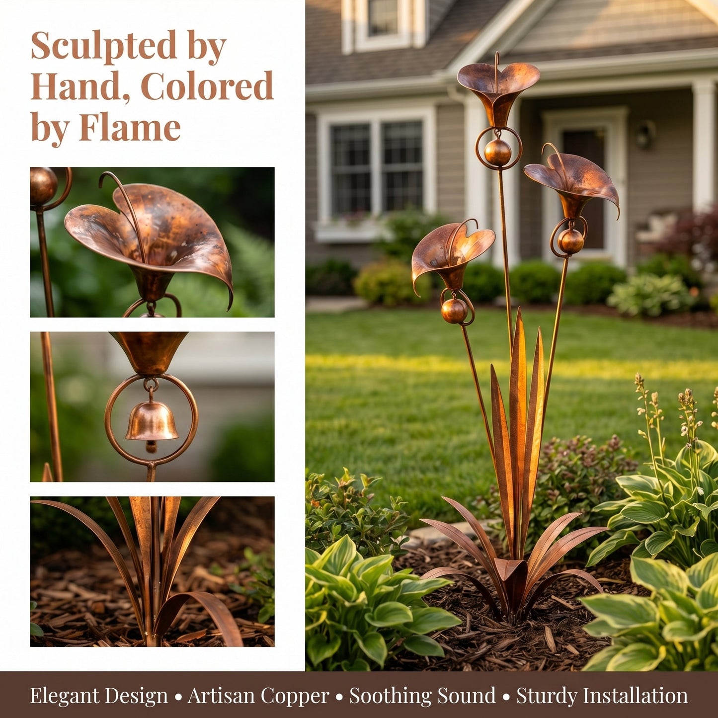 🏡🏡Flamed Copper Three Calla Lilies Garden Stake with Bells