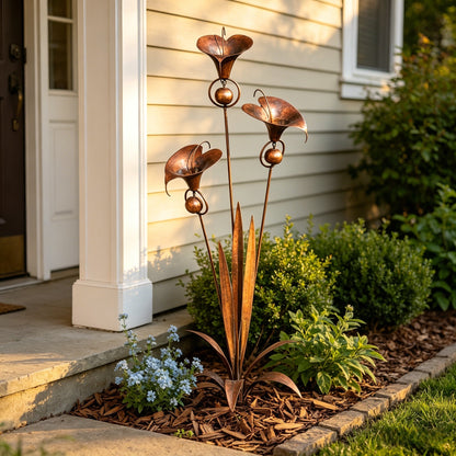 🏡🏡Flamed Copper Three Calla Lilies Garden Stake with Bells