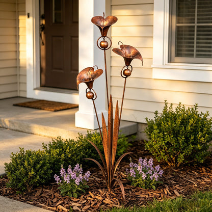 🏡🏡Flamed Copper Three Calla Lilies Garden Stake with Bells