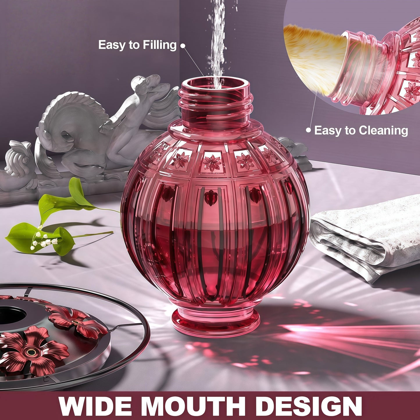 🌺 Vibrant Glass Hummingbird Feeder - 26oz Leakproof Bird Waterer with 5 Perch Stations  🐦