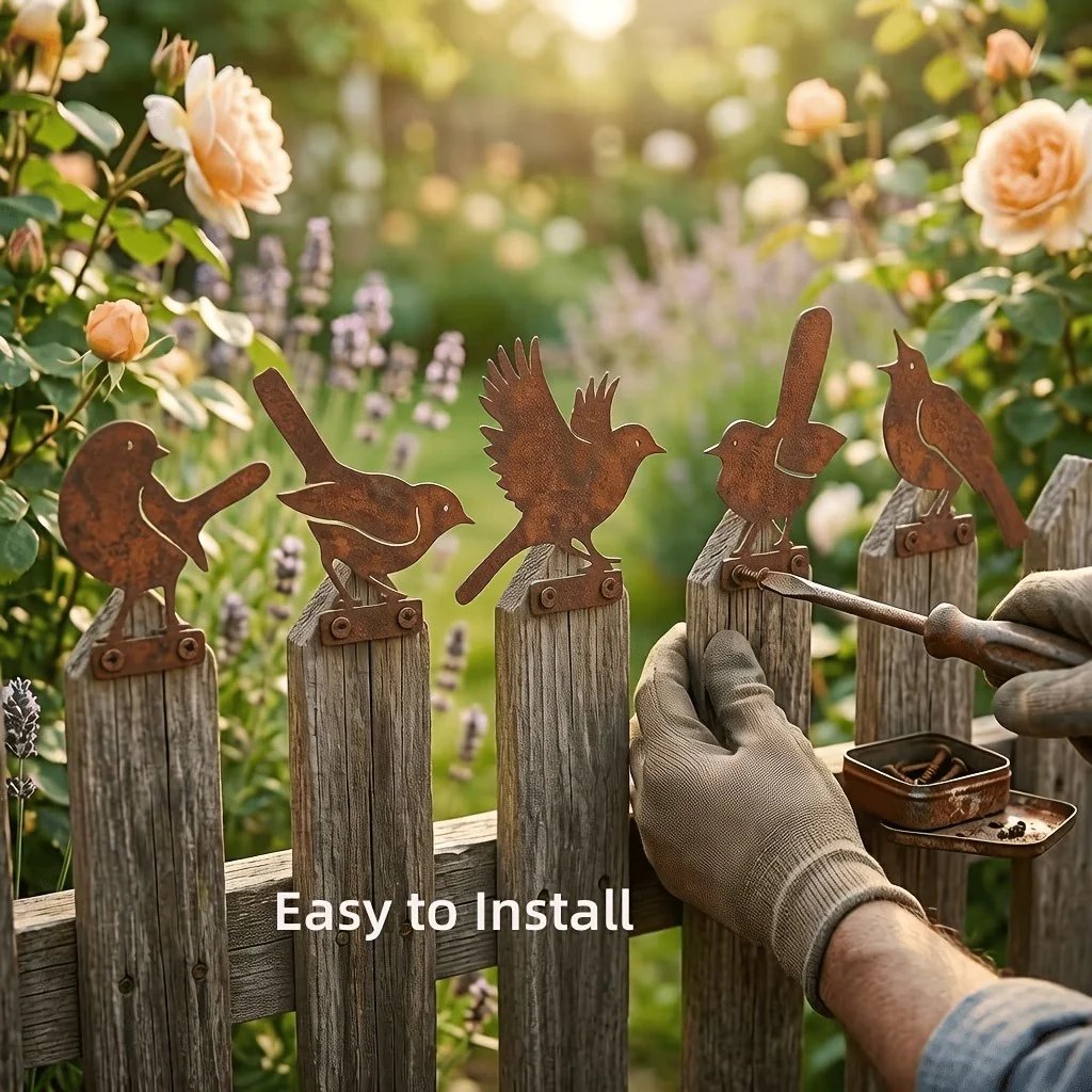 🐦🐦5-Piece Lifelike Rusty Metal Bird Silhouettes Garden Art