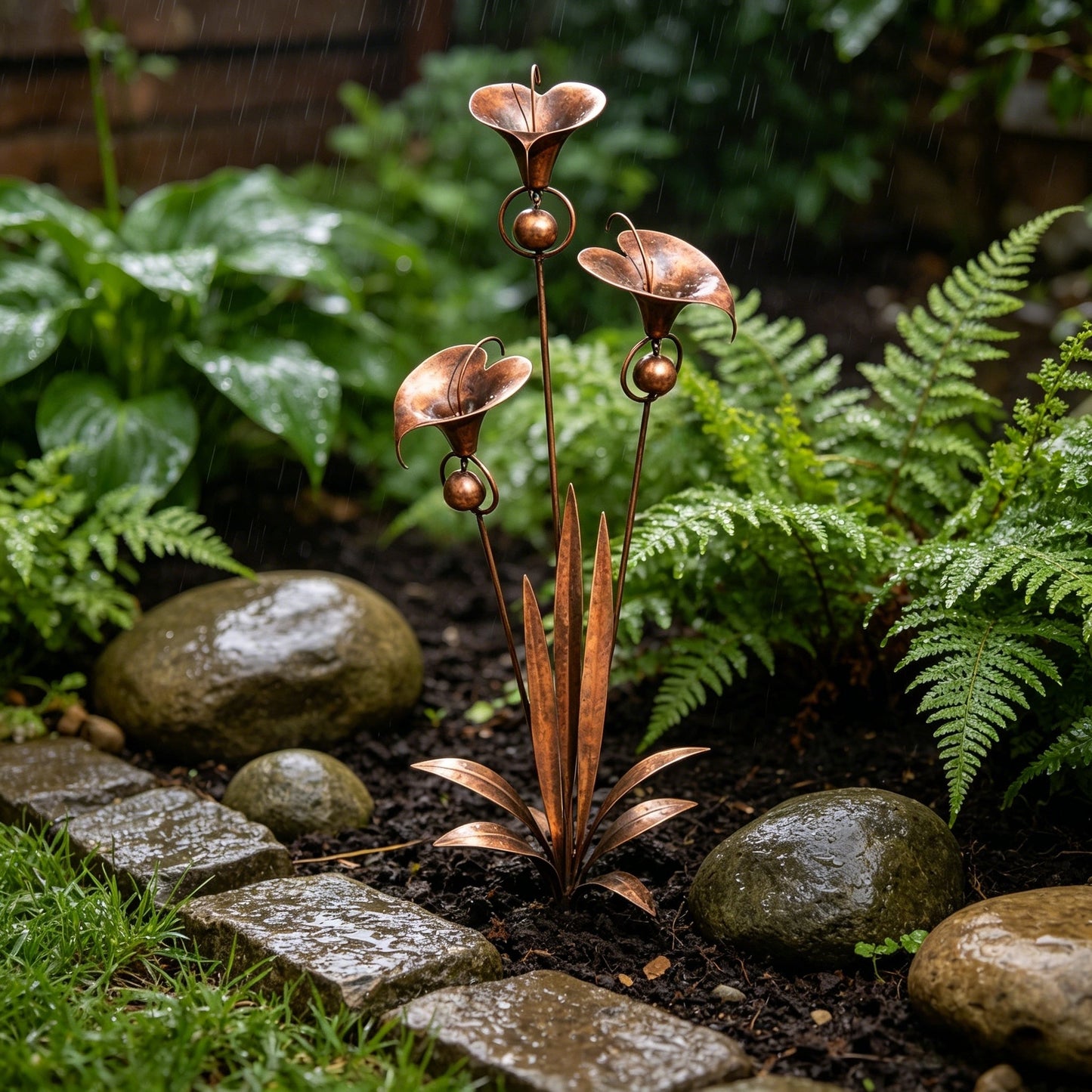 🏡🏡Flamed Copper Three Calla Lilies Garden Stake with Bells