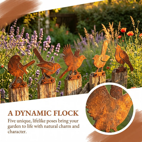 🐦🐦5-Piece Lifelike Rusty Metal Bird Silhouettes Garden Art