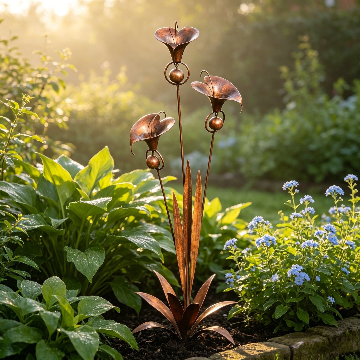 🏡🏡Flamed Copper Three Calla Lilies Garden Stake with Bells
