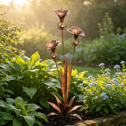 🏡🏡Flamed Copper Three Calla Lilies Garden Stake with Bells