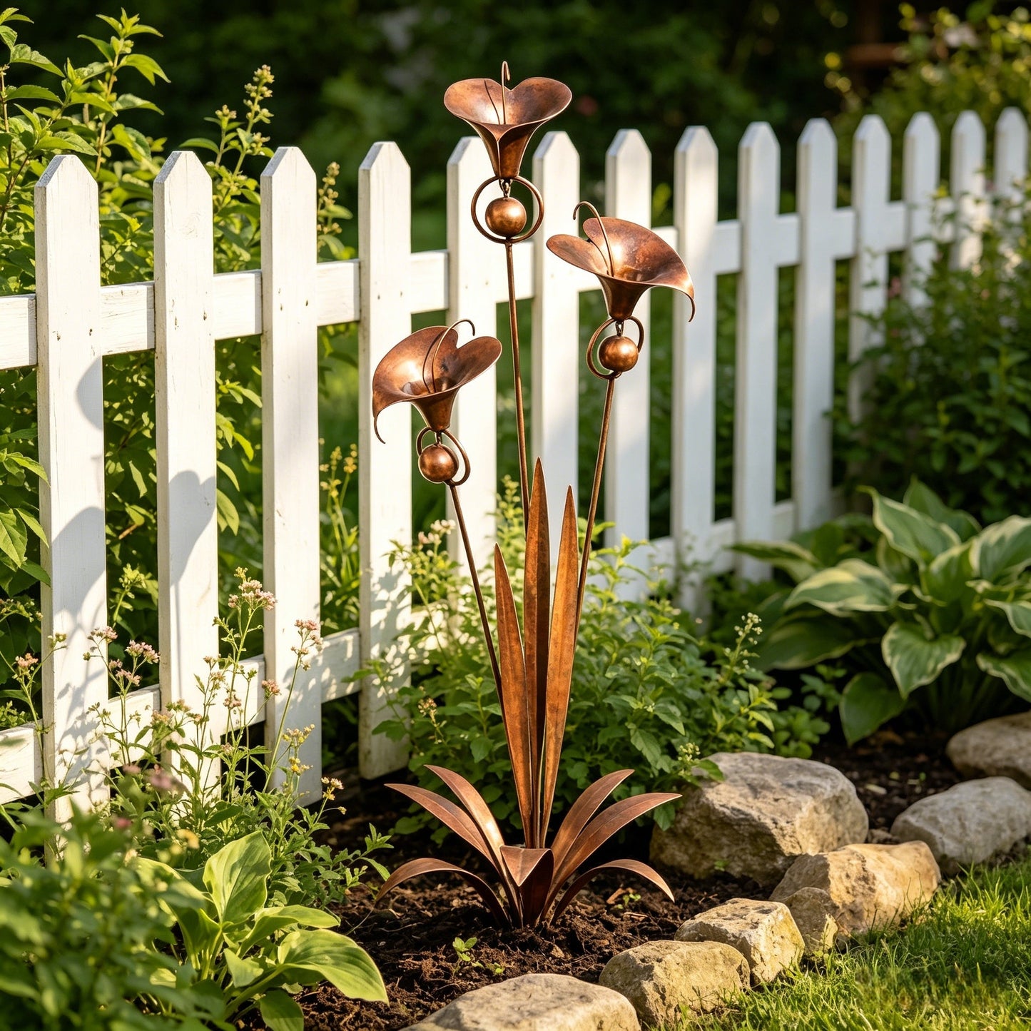 🏡🏡Flamed Copper Three Calla Lilies Garden Stake with Bells