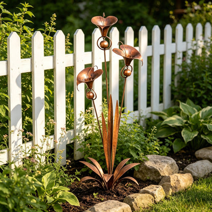 🏡🏡Flamed Copper Three Calla Lilies Garden Stake with Bells