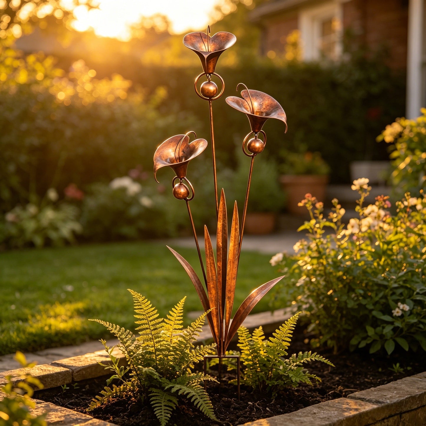 🏡🏡Flamed Copper Three Calla Lilies Garden Stake with Bells