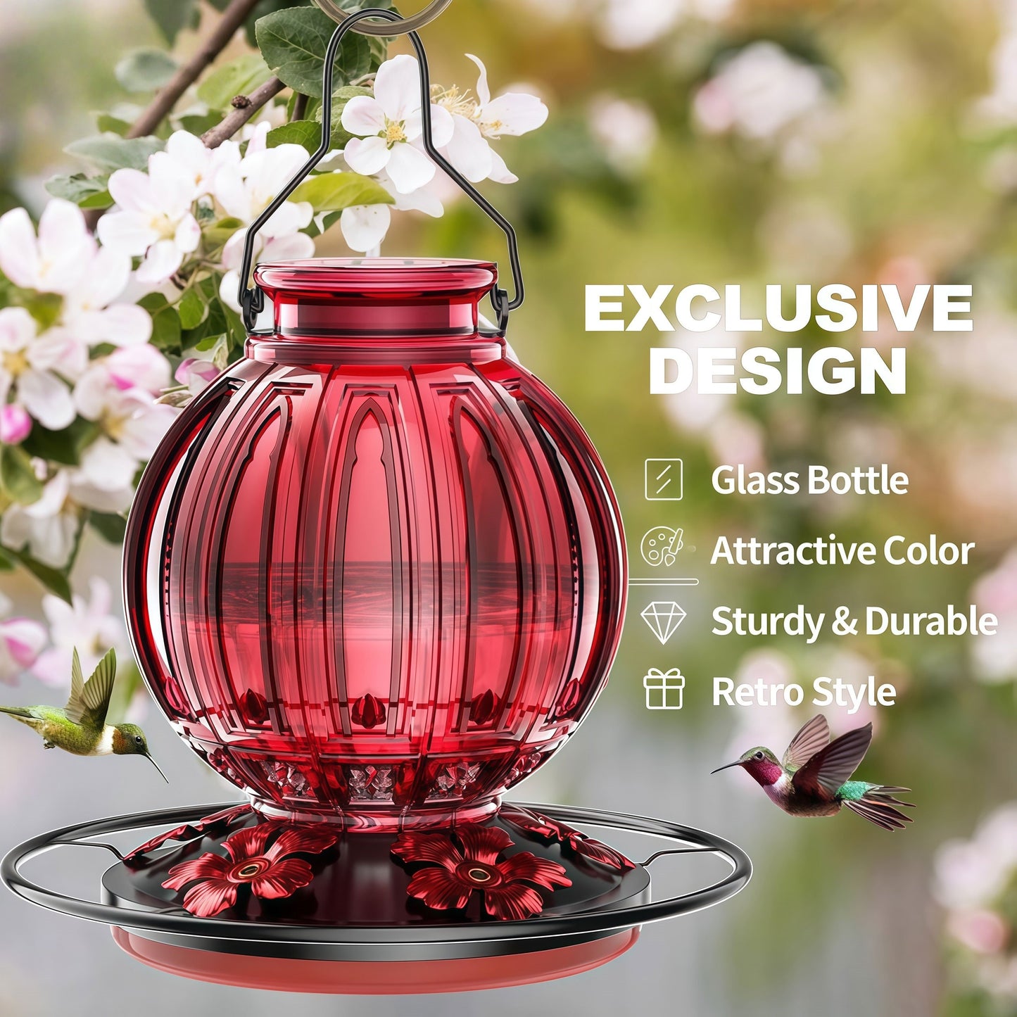 🌺 Vibrant Glass Hummingbird Feeder - 26oz Leakproof Bird Waterer with 5 Perch Stations  🐦