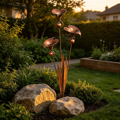 🏡🏡Flamed Copper Three Calla Lilies Garden Stake with Bells