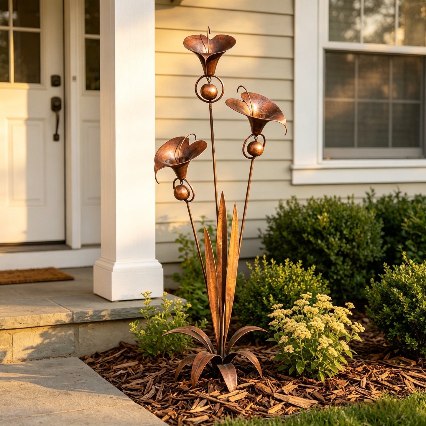 🏡🏡Flamed Copper Three Calla Lilies Garden Stake with Bells