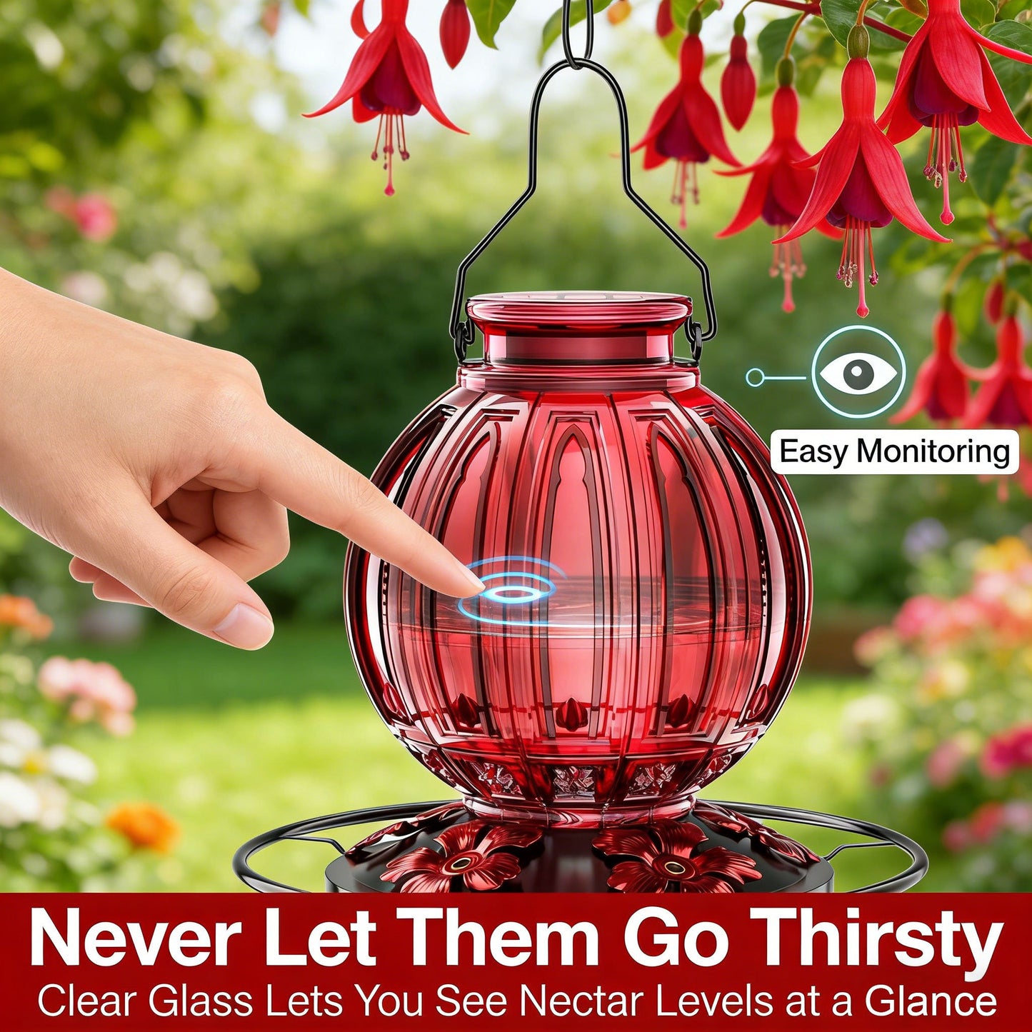 🌺 Vibrant Glass Hummingbird Feeder - 26oz Leakproof Bird Waterer with 5 Perch Stations  🐦
