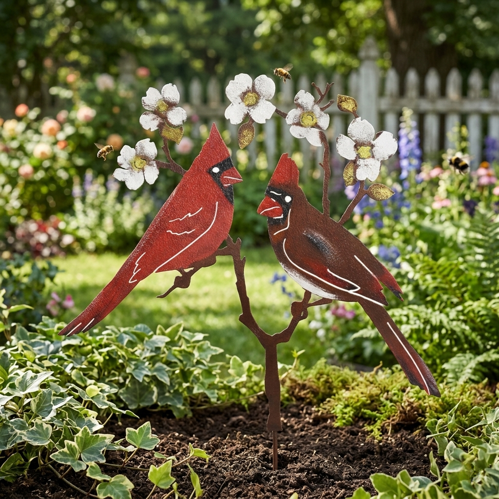 🌸🌸Cardinal Couple Garden Stake – Rustic Metal Bird Yard Decor