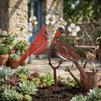 🌸🌸Cardinal Couple Garden Stake – Rustic Metal Bird Yard Decor