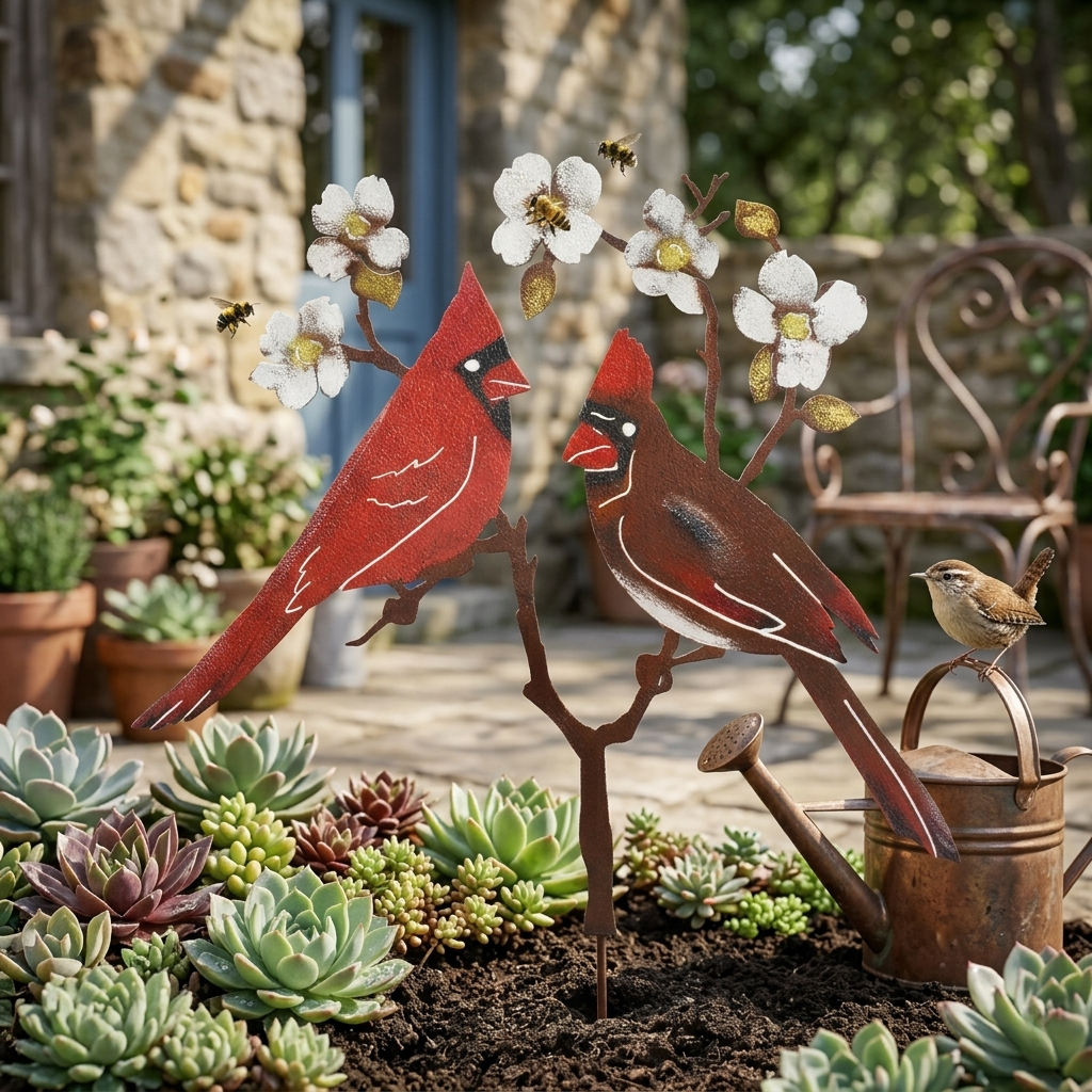 🌸🌸Cardinal Couple Garden Stake – Rustic Metal Bird Yard Decor