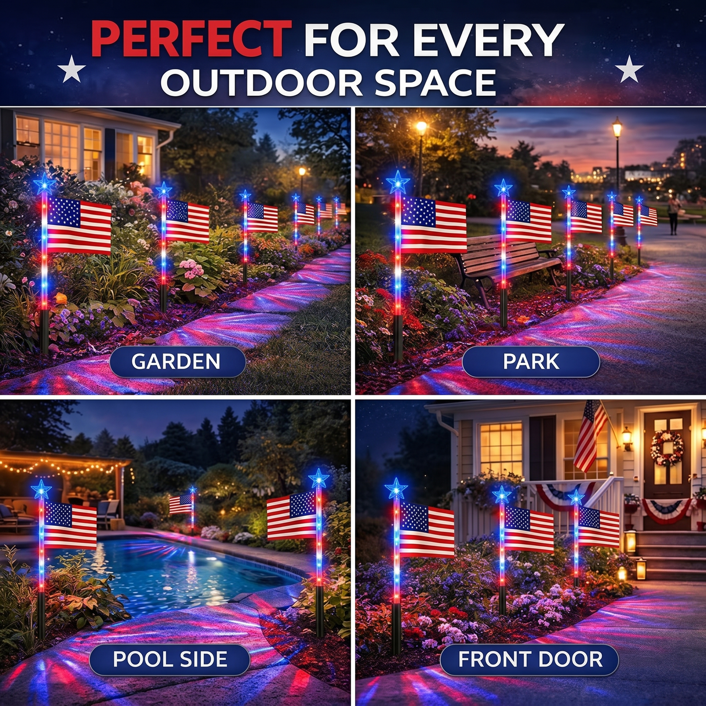 ☀️8-in-1 Solar American Flag Garden Stakes✨ IP65 Weatherproof & Auto-On Patriotic Decor