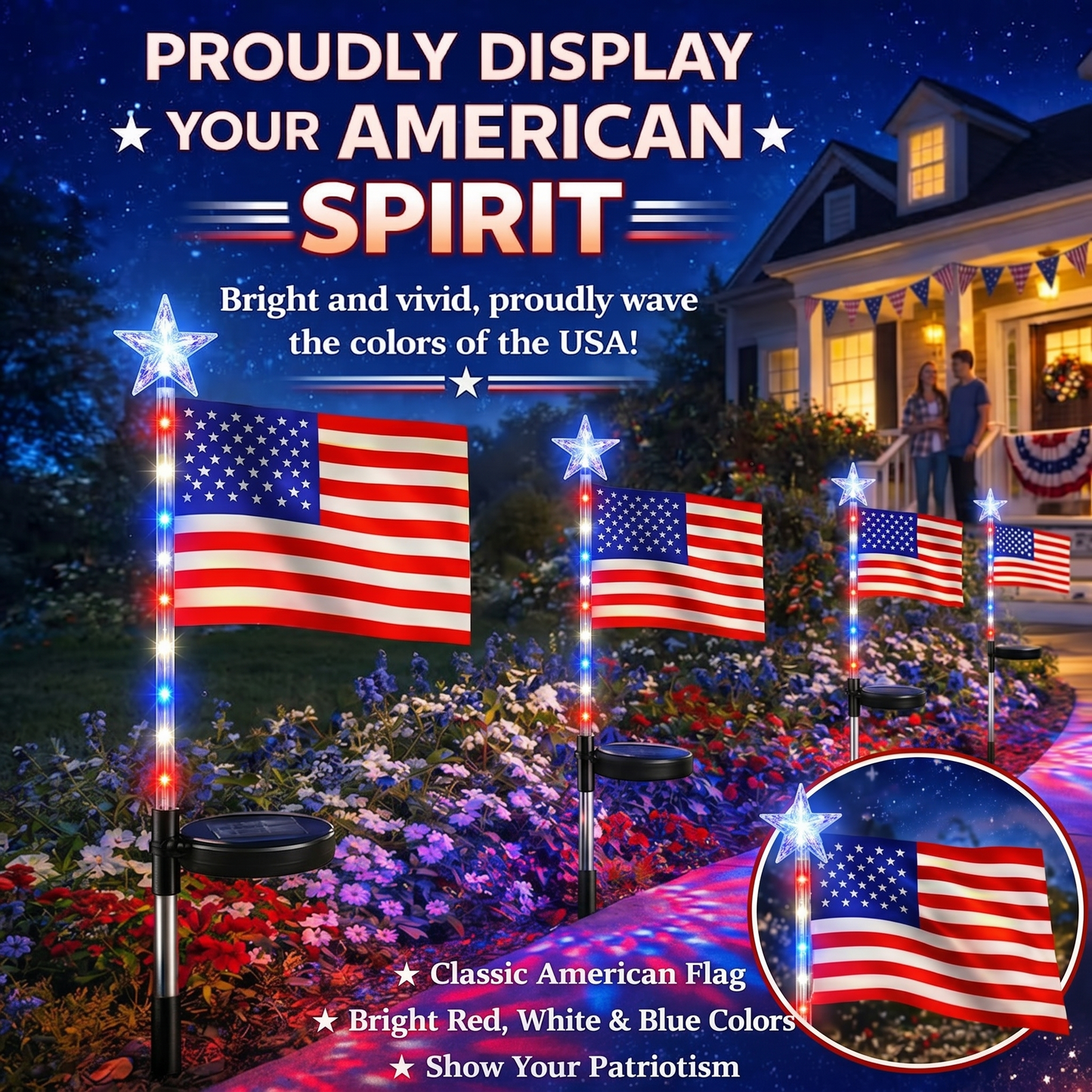 ☀️8-in-1 Solar American Flag Garden Stakes✨ IP65 Weatherproof & Auto-On Patriotic Decor