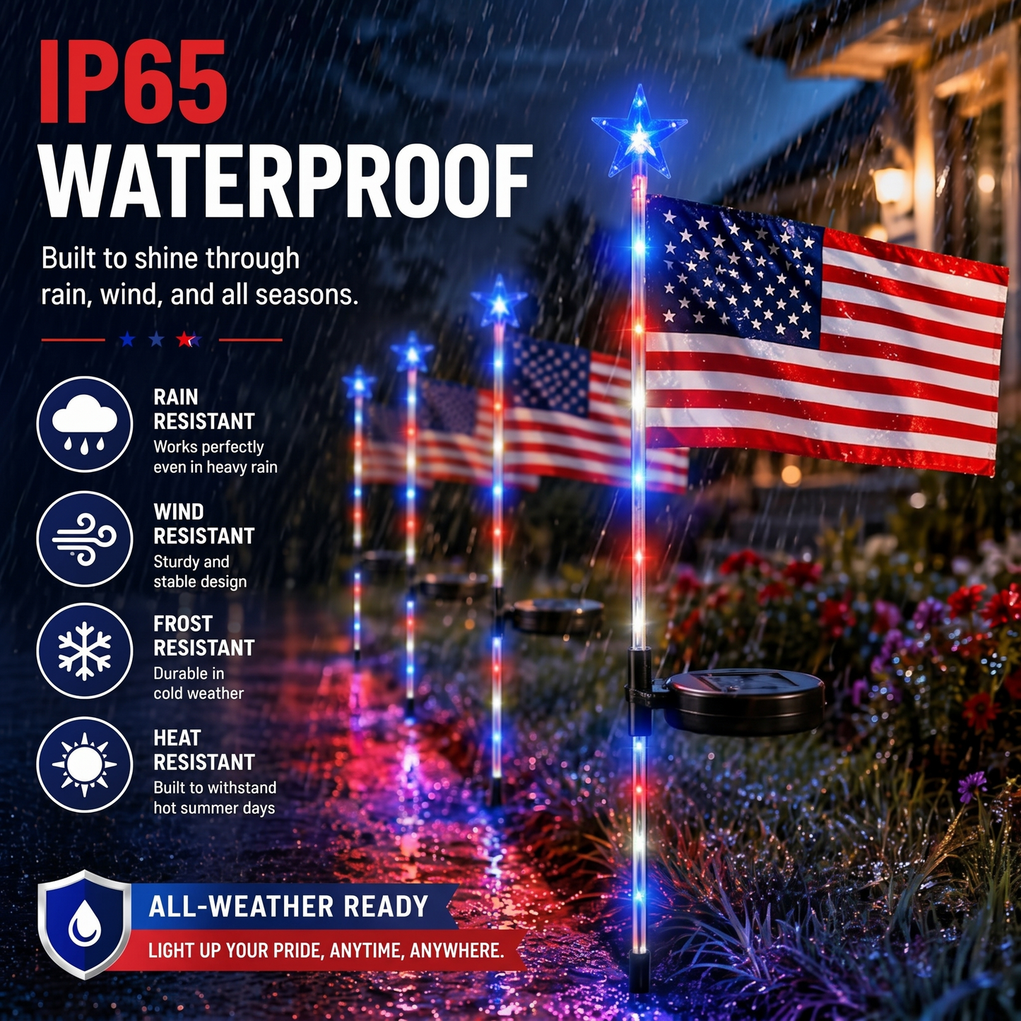 ☀️8-in-1 Solar American Flag Garden Stakes✨ IP65 Weatherproof & Auto-On Patriotic Decor