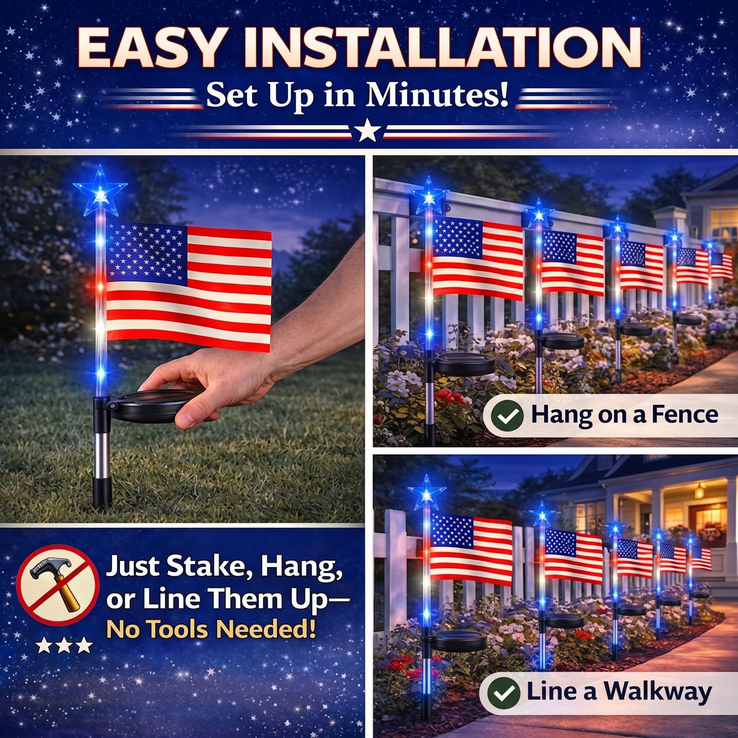 ☀️8-in-1 Solar American Flag Garden Stakes✨ IP65 Weatherproof & Auto-On Patriotic Decor
