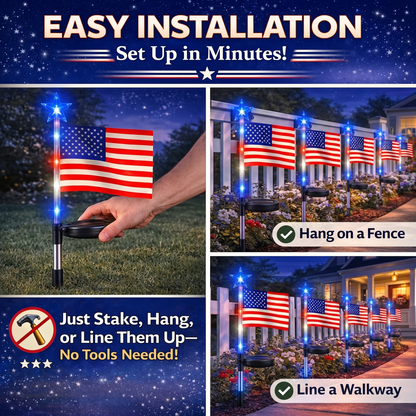 ☀️8-in-1 Solar American Flag Garden Stakes✨ IP65 Weatherproof & Auto-On Patriotic Decor