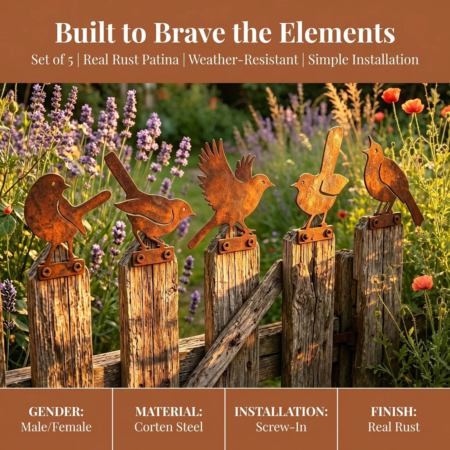 🐦🐦5-Piece Lifelike Rusty Metal Bird Silhouettes Garden Art