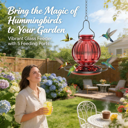 🌺 Vibrant Glass Hummingbird Feeder - 26oz Leakproof Bird Waterer with 5 Perch Stations  🐦